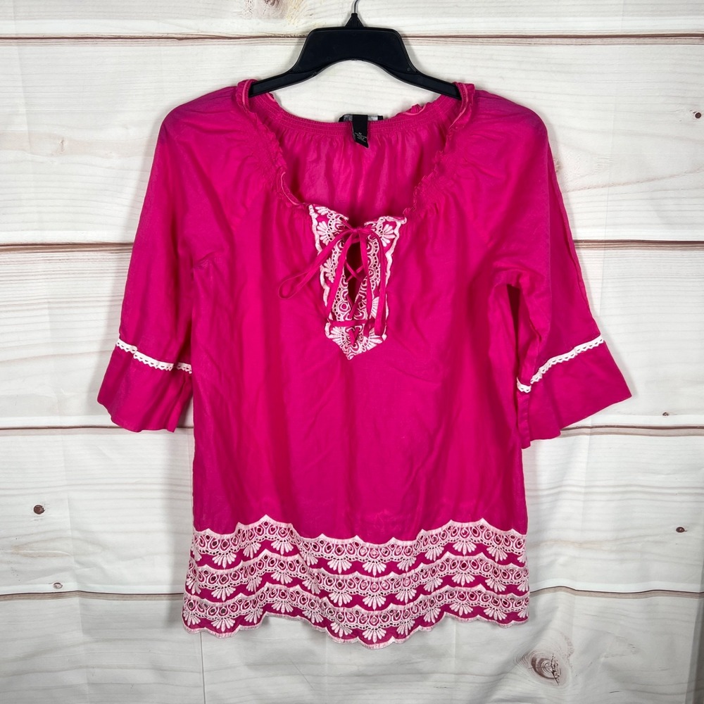 INC Concepts Top Women Size 12 Pink Cotton Tunic Embroidered Lace Up Lightweight